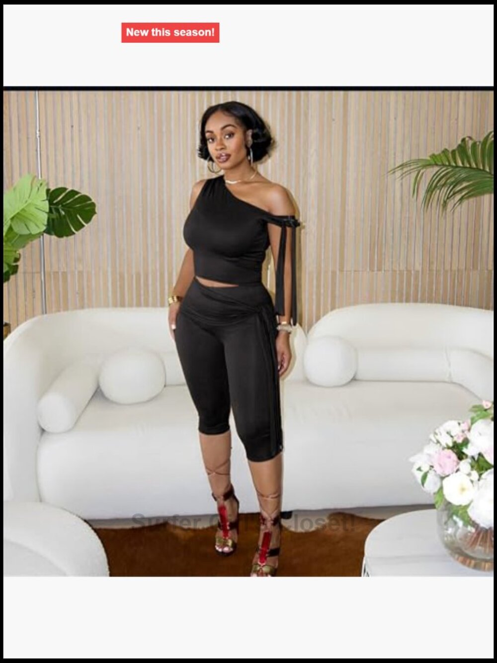 Sexy One Shoulder Capri Set Sleeveless Crop Top Bodycon Pant Set 2 Piece Outfit - Picture 6 of 7
